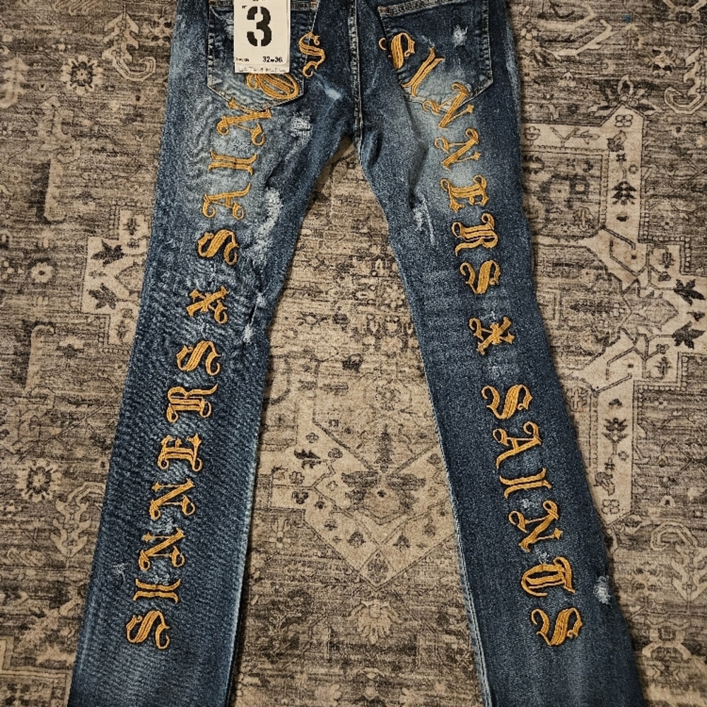 Blue Skinny Jeans with Gold Embellishments